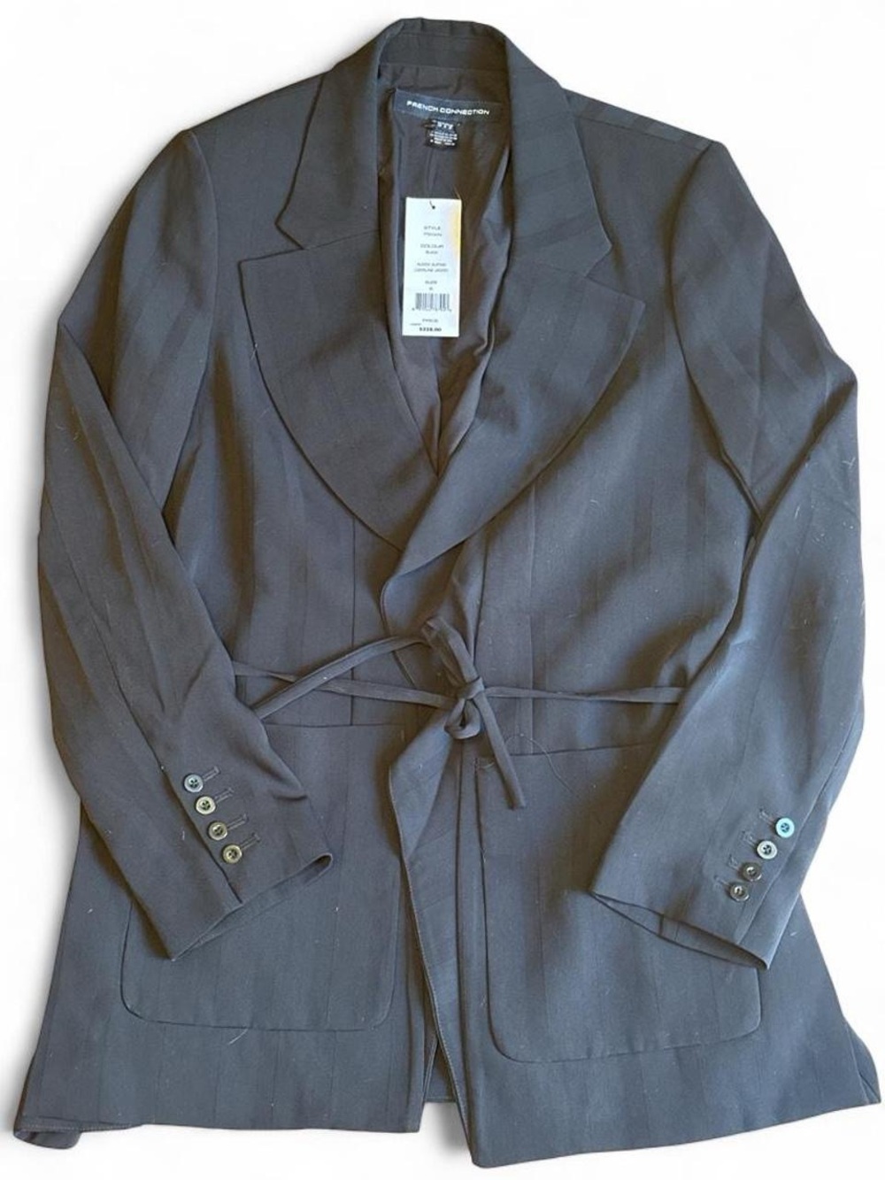 NWT French Connection Aleida Suiting Longline Blazer Black Shadow Stripe Size 6